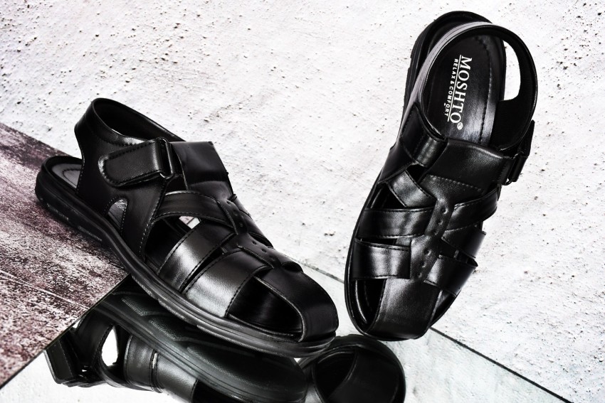 Men Black Leather Cushioned Sandals  Hitz Shoes Online
