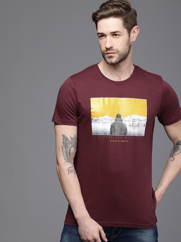 Buy WROGN Printed Men Round Neck Maroon 