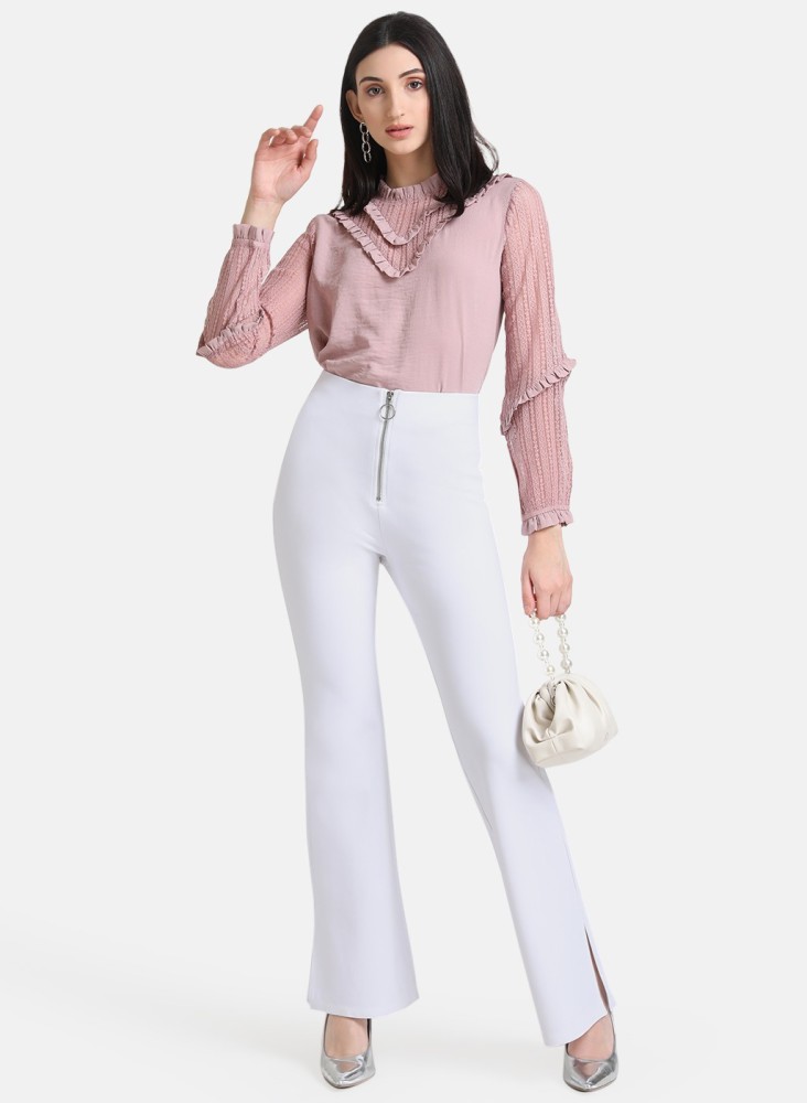 Pants For Women Fashion Hollow High Waist Wideleg Pants White  M   Slacks for women Pants for women White flare pants