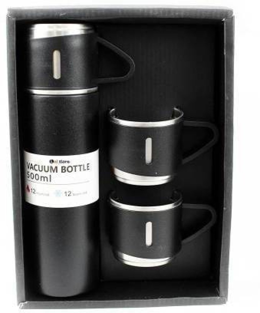 FLANKER Grey Vacuum Flask Gift Set Bottle with 3 Cups 500 ml Flask
