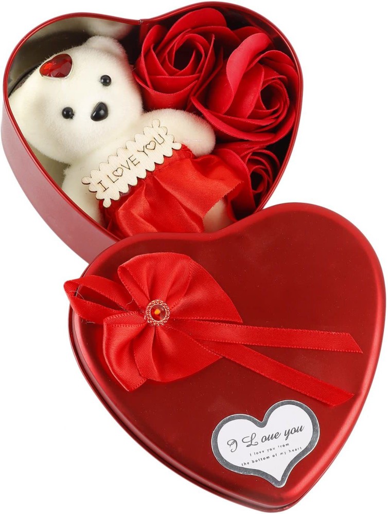 Heart Shape Metal Gift Box with Teddy & 3 Artificial Red Rose  Flowers/Beautiful Valentine Gift for Boyfriend, Girlfriend, Wife, Love  Couple Valentine