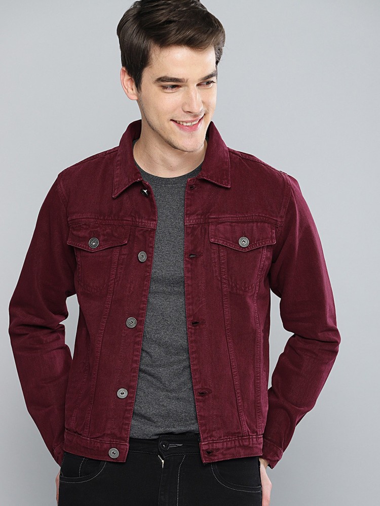 Skenjel Men Red Solid Denim Jacket