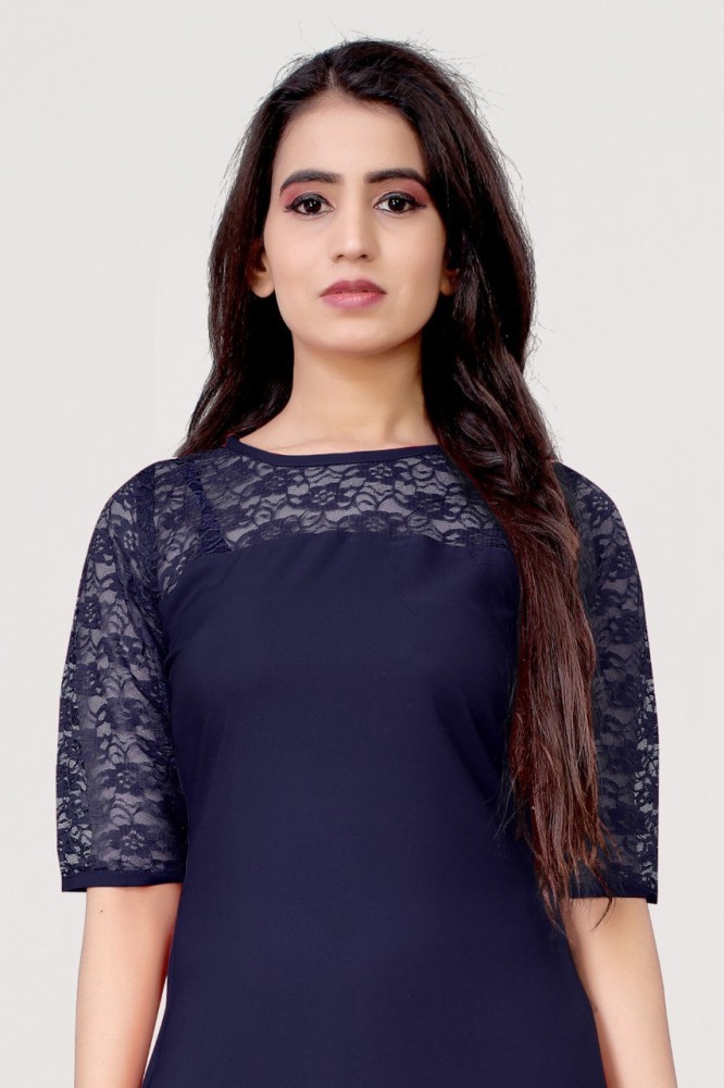 Casual American Crepe And Rasal Net Roundneck 34 Length Sleeves Navy Blue  Kurti 45inches  Stark mart