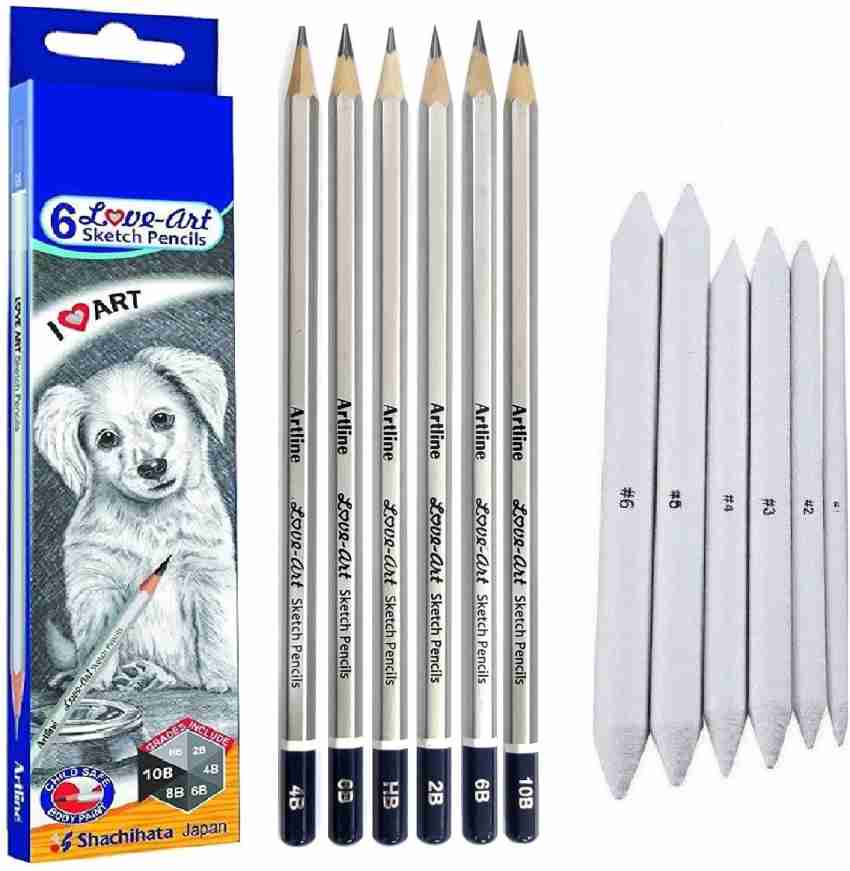 Craftacious Artline Set of 6 Love-Art Sketch Pencils +  Blending/Smudging Stumps(Size 1 to 6) - Drawing Accessories- Art Set