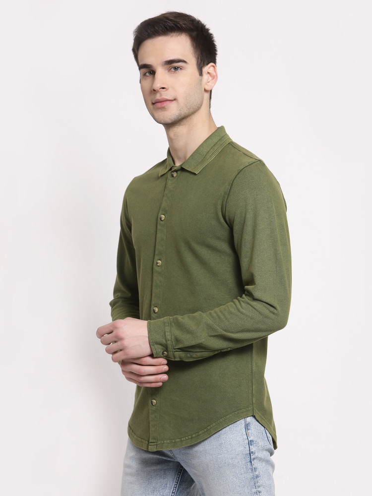 YOONOY Men Washed Casual Green Shirt 