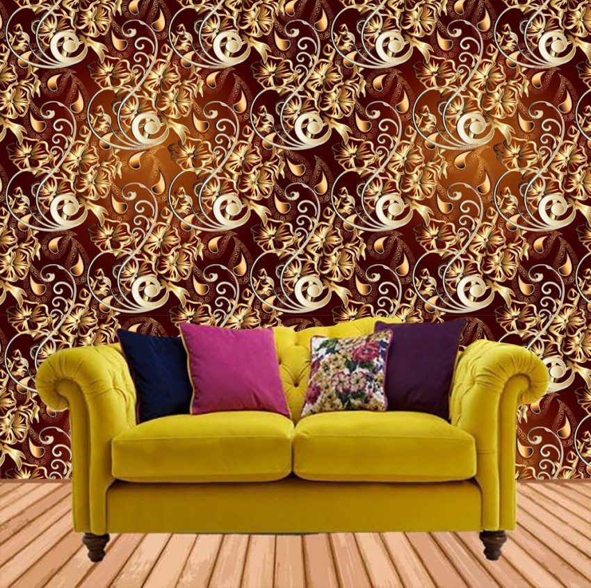 Silver floral pattern on golden background Nature Wallpaper  TenStickers