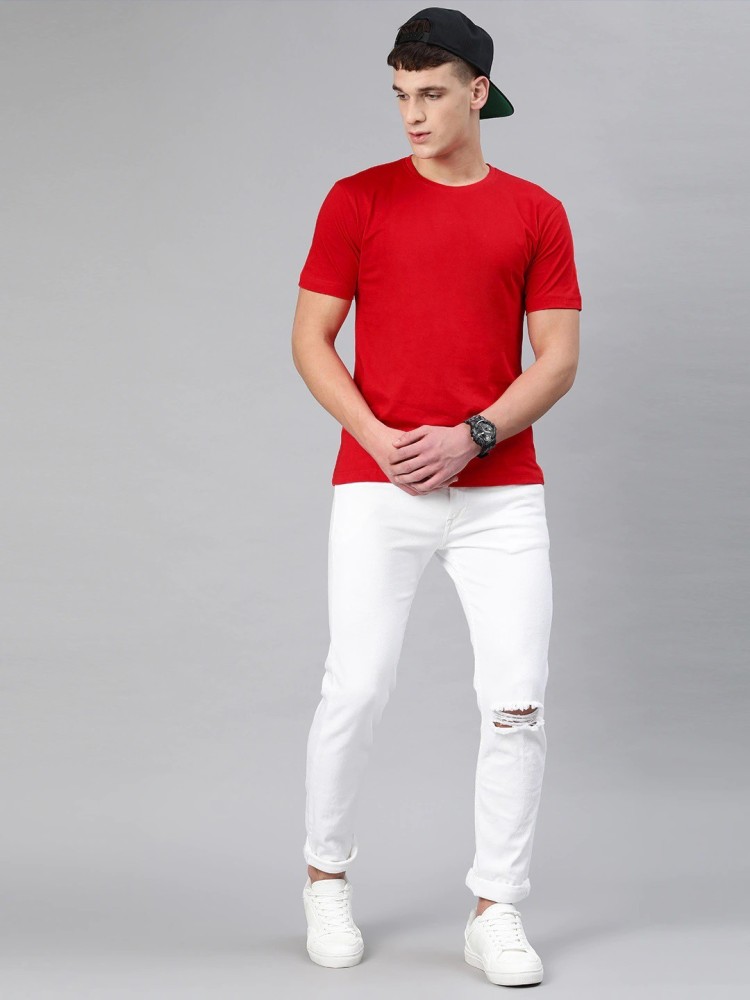 red t shirt white pants