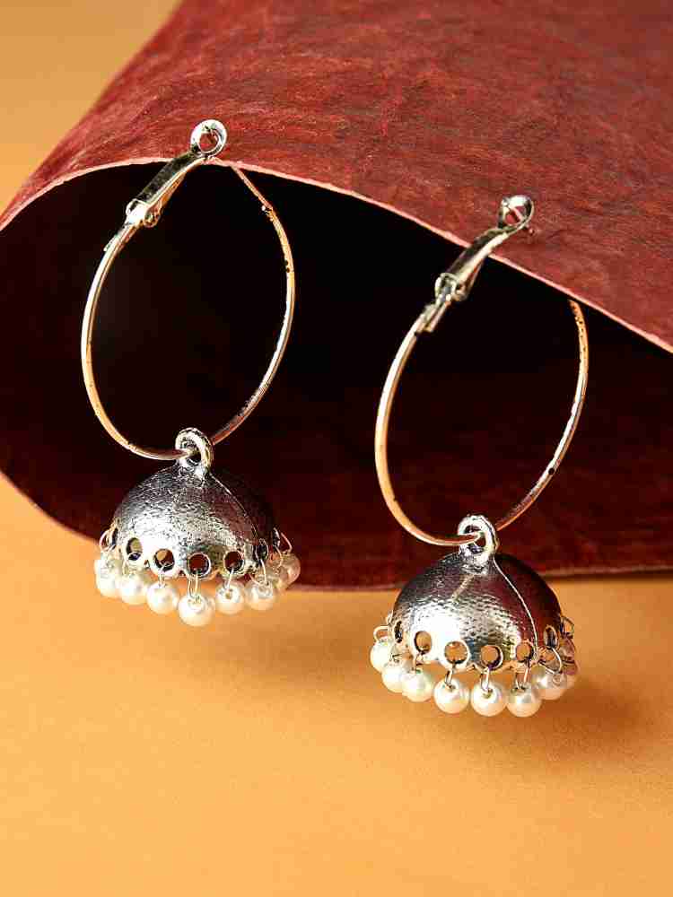 Fida Oxidised Silver Mirror Studded Floral Jhumka Earring For Women