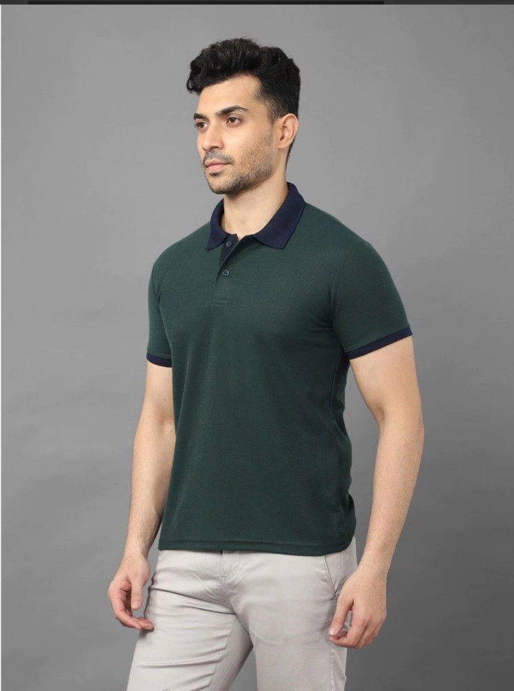 Pine Republic Solid Men Polo Neck Dark Green T-Shirt - Buy Pine