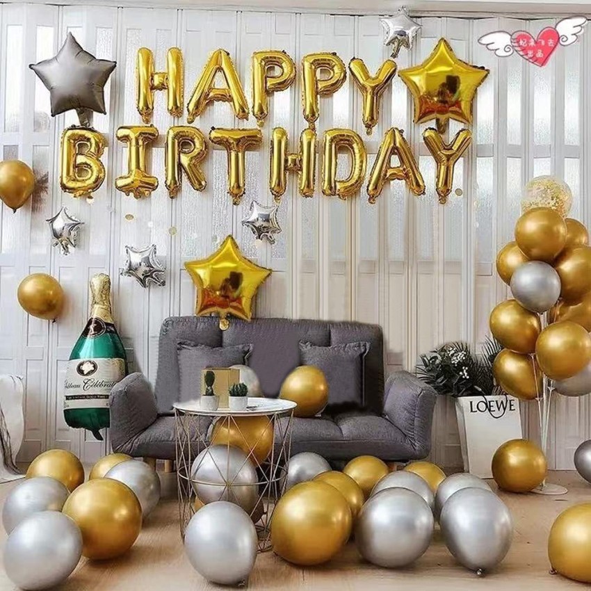 HBD Happy Birthday Decorations kit - Gold Black Silver theme for Birthday/ Party/Baby Shower/welcome home/ Season's Party Decorations - Happy Birthday  Foil Banner Silver, Gold Black and Silver Metallic Balloons Silver Star  Foils