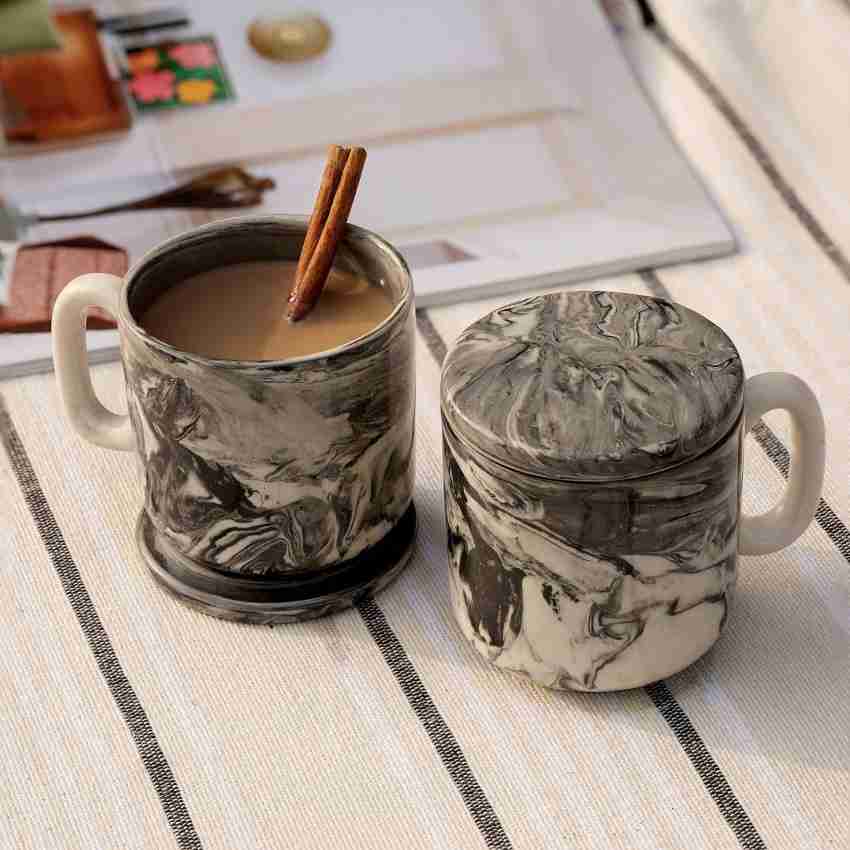 Buy Ceramic Carbon Tall Mug W/Lid cum Coaster Online - Ellementry