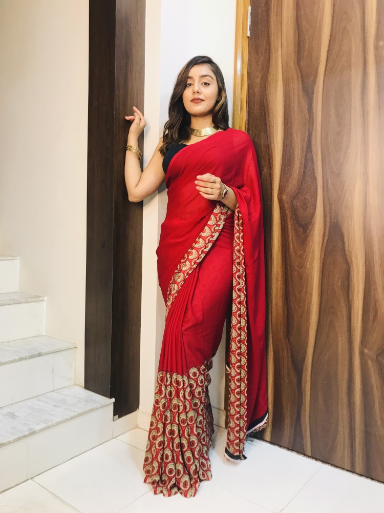 Red Georgette Saree With Embroidered Heavy Blouse 3064SR09