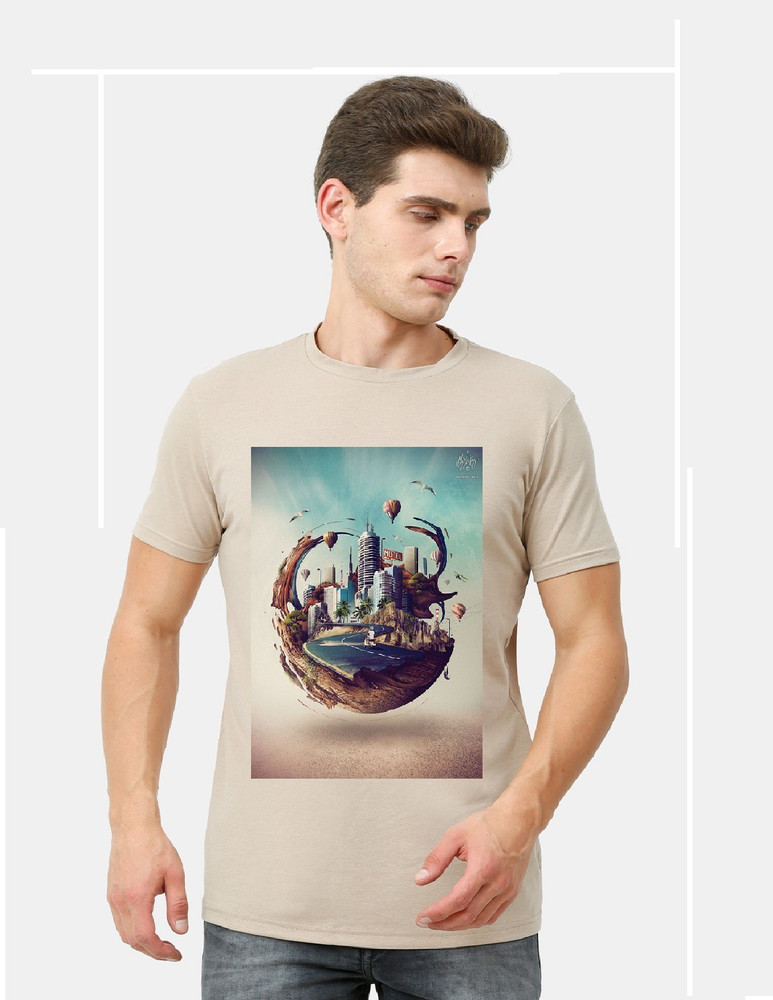 Buy FIDATO Printed Men Round Neck Beige 