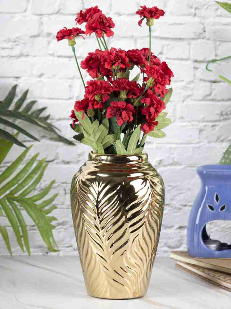 Stylish Ceramic Vase - Wooden, White & Golden, Contemporary Design