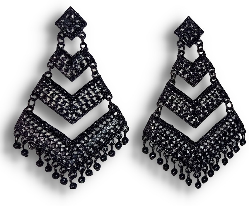 Pendant earrings - Metal & strass, silver, black & crystal