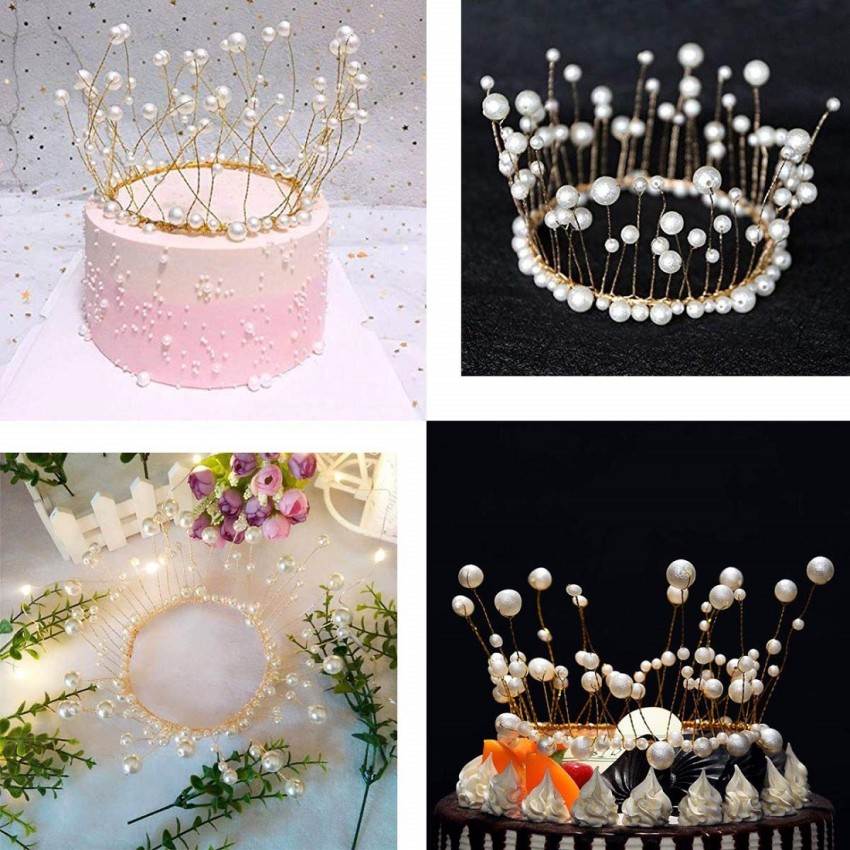 ADRYK Metal Pearl Crown Cake Topper Handmade White Pearl Tiara Cake Topper  Ornaments for Wedding/Birthday Baby Shower Party/Cake Decoration Cake  Supplies