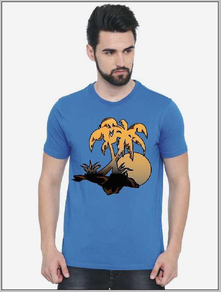 Printed Men Round Neck Blue T-Shirt 
