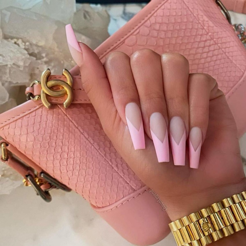 Long Coffin Press On Nails Reusable Fingernails Uv Gel Pink Base Color  Reusable Manicure Salons At Home White Top France Style