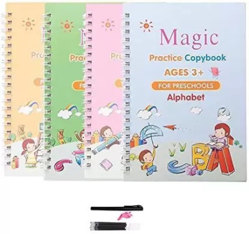 Magic Book For Children Magic Practice Book Calligraphy Books For Kids (4  Books 1 Pen 1 Hand Grip 10 Refill) Self Deleting Reusable Number Tracing  Alphabets Writing For Kids: Buy Magic Book