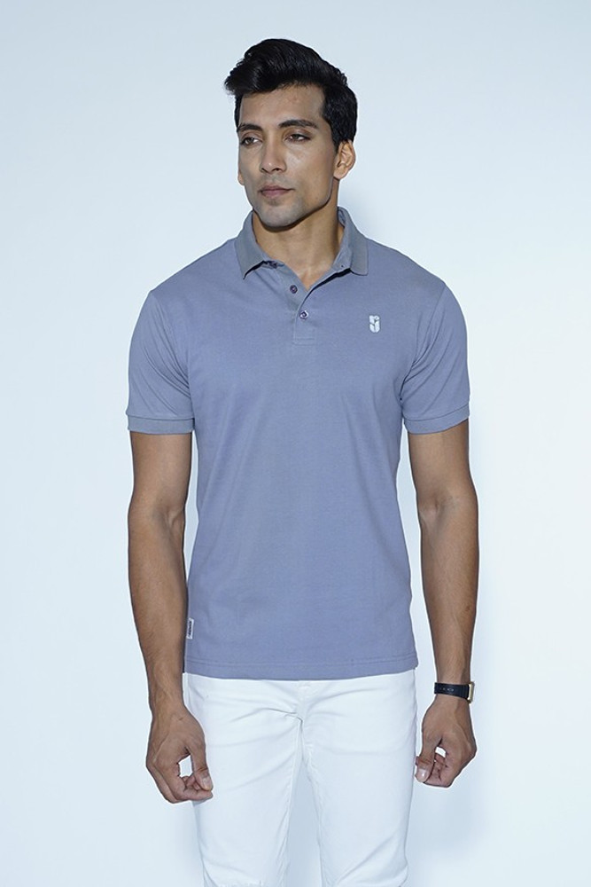 Buy RU World Solid Men Polo Neck Grey 