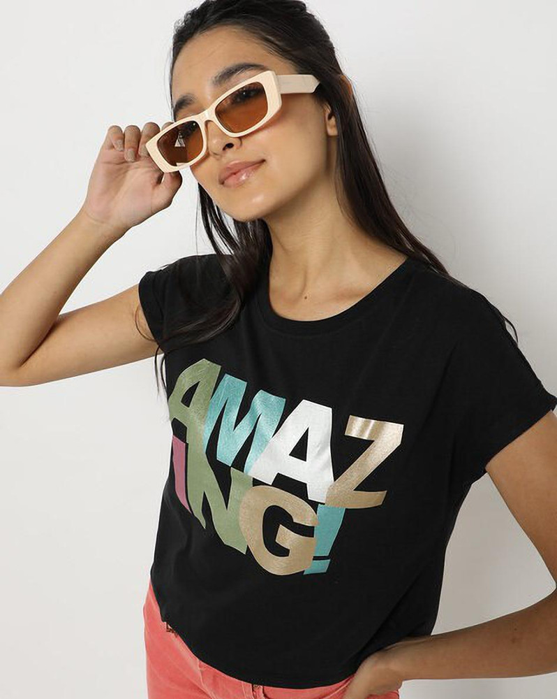 dnmx Typography Women Round Neck Black 