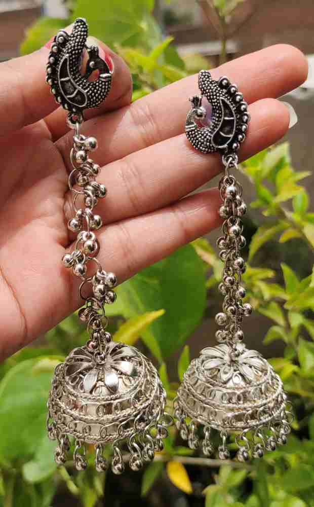 Vembley Traditional Oxidized Black Silver Afghani Style Big Mirror Jhumki Silver  Earrings For Women and Girls