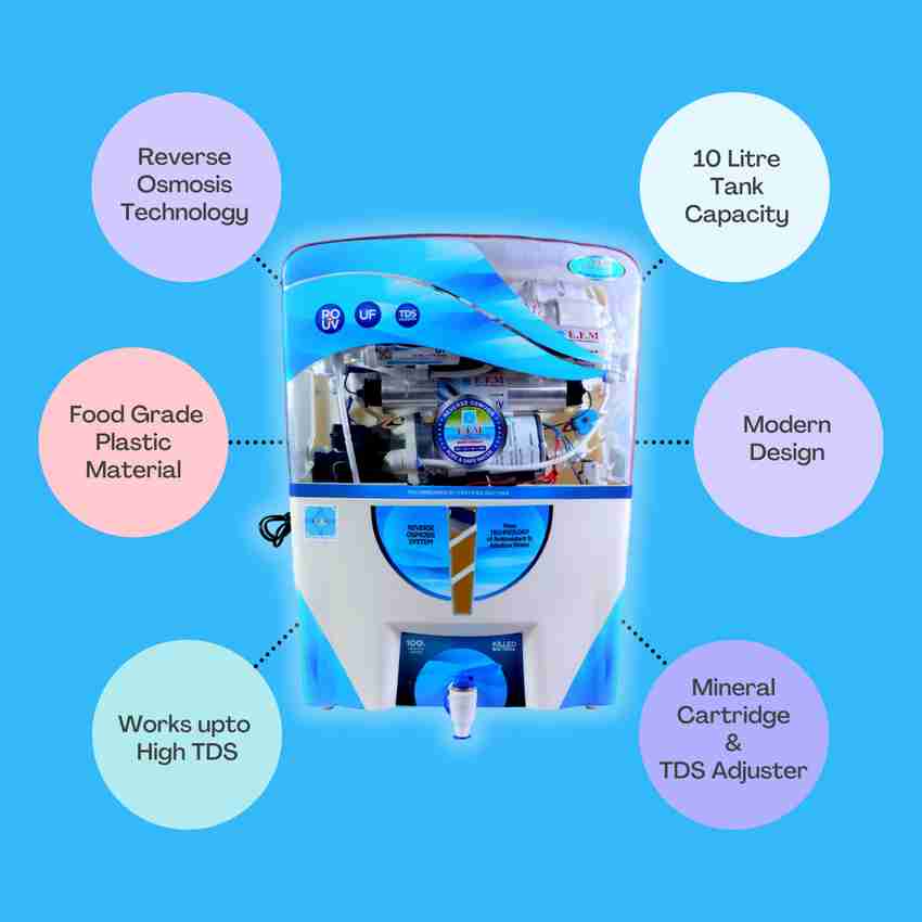 E.F.M Blue Ocean Water Purifier Regular Domestic RO System 10 L RO + UV +  UF + TDS Water Purifier - E.F.M 