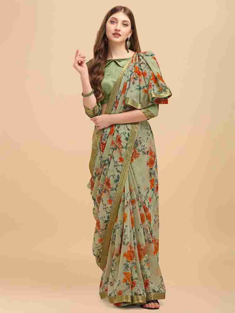 Buy Divastri Floral Print Bollywood Chiffon Green Sarees Online @ Best  Price In India | Flipkart.com