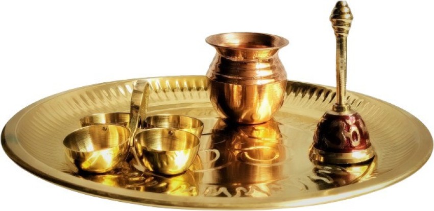 6 Piece Handicrafted Decorative Brass Pooja Thali Set for Altar