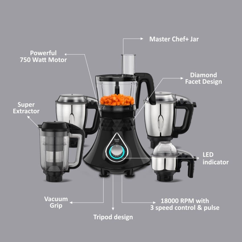 Preethi Zodiac 2.0 MG-255 Mixer Grinder, 1000 watt, Black/Blue 4 Jars mixer