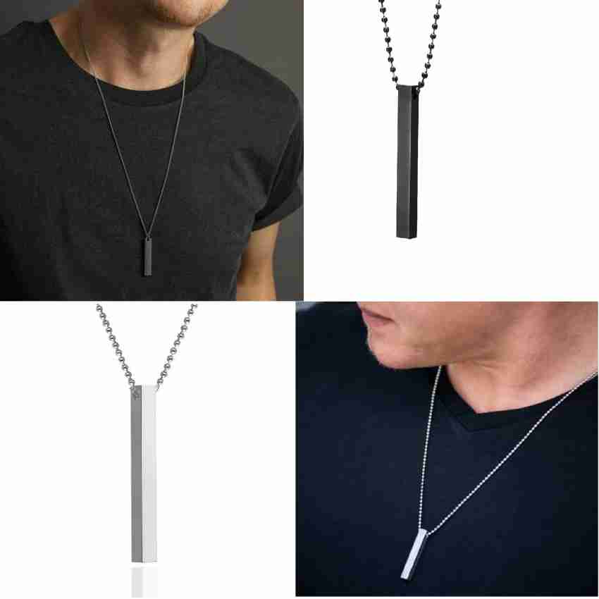 Stylewell Silver 3D Vertical Bar Cuboid Stick Pendant Locket Necklace Chain  Mens Women Stainless Steel Pendant Set