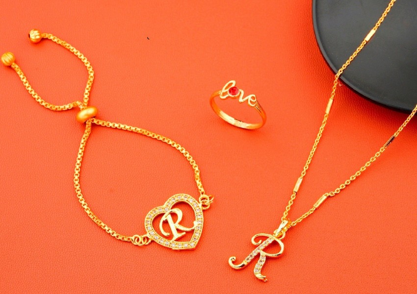 Vraj india R name letter Diamond Pendant locket chain with ring & bracelet  for girls, women Gold-plated Beads Alloy Pendant Price in India - Buy Vraj  india R name letter Diamond Pendant