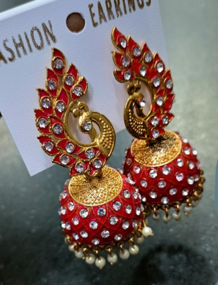 Flipkartcom  Buy Thrillz Golden Earrings Peacock Designs Earrings Gold  Plated Jhumka Earrings Cubic Zirconia Pearl Brass Earring Set Online at  Best Prices in India