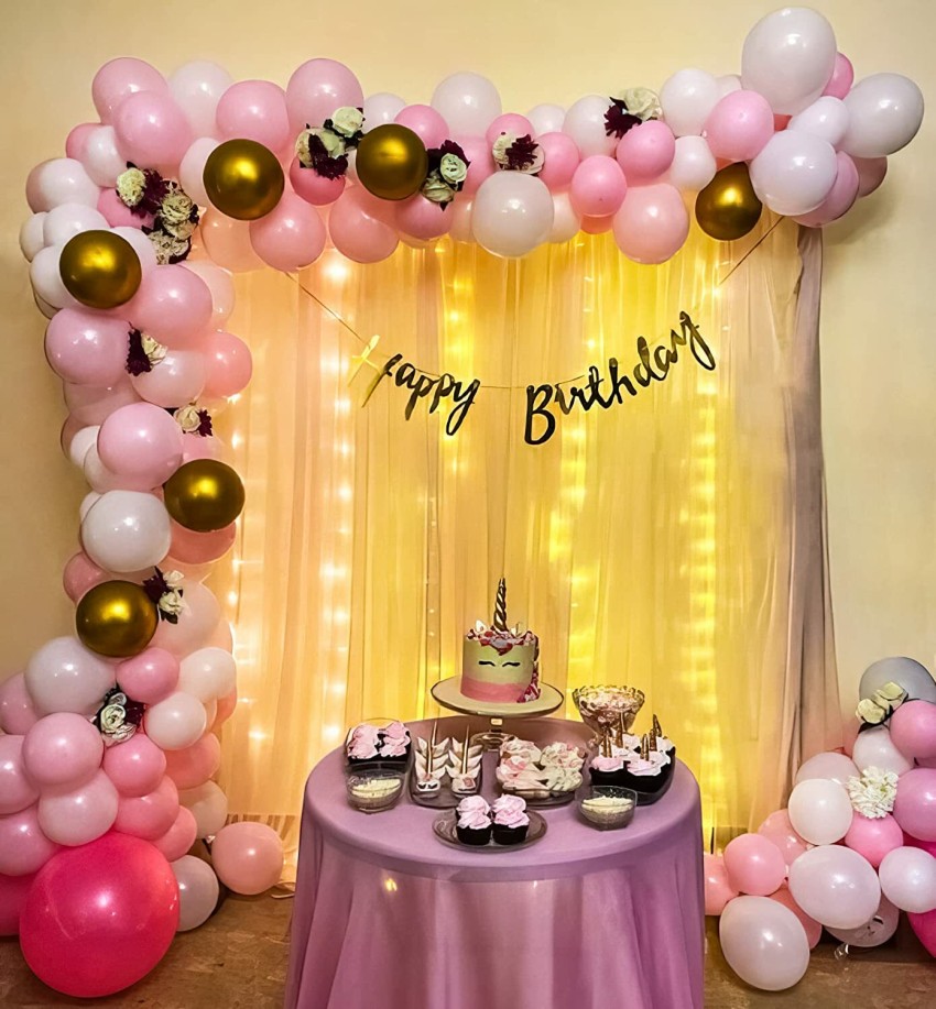 Pink and white balloons decor with Cloth drapes-Decorations |  BookTheParty.in