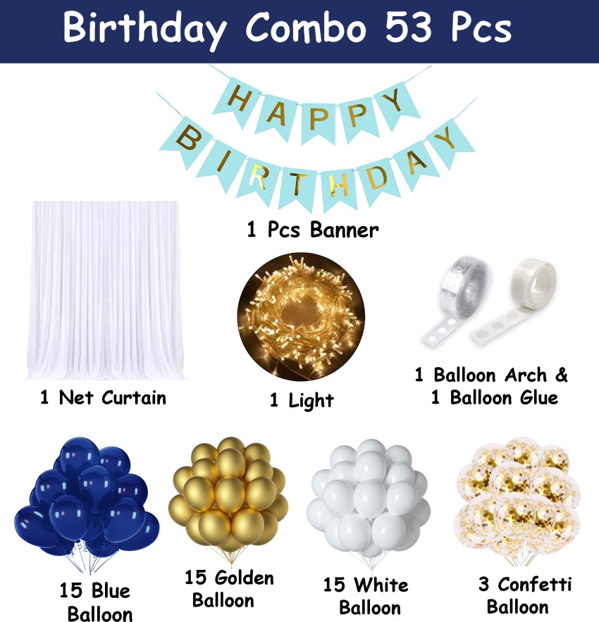 Happy Birthday Decoration Set With White Net Decoration, Blue