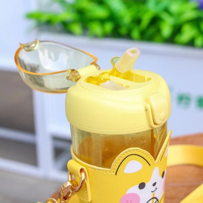 Cartoon Plastic Water Bottle With Strap, Pop-up Lid And Soft Straw, Cute  Design