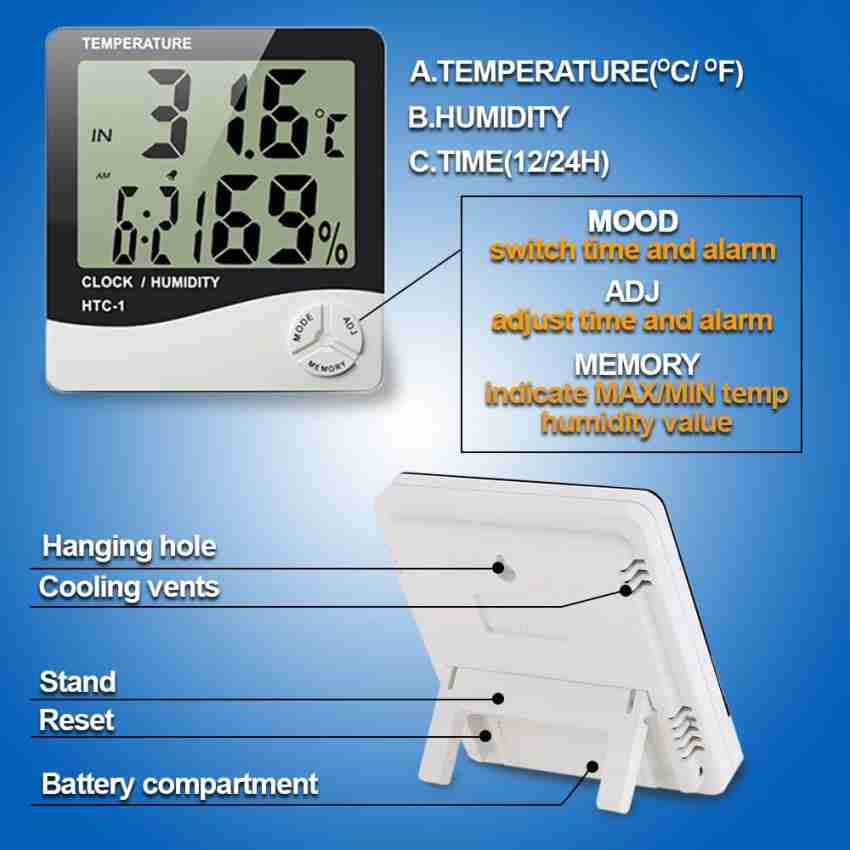 LCD Digital Thermometer Hygrometer Electronic Temperature Humidity Meter  Indoor Humidity Monitor 12/24H Alarm Clock Function