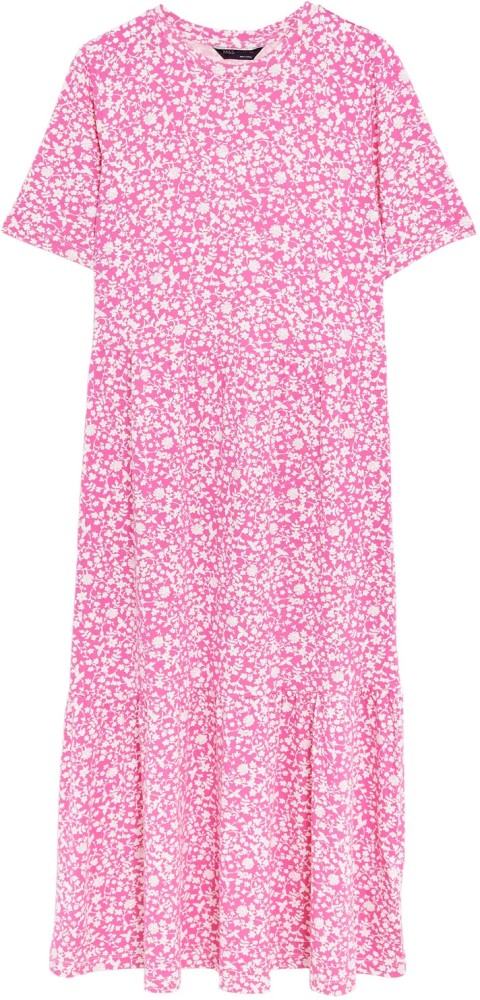 Marks and Spencer Pure Cotton Print Tiered Midi Dress 18 Short Pink Mix  BNWT