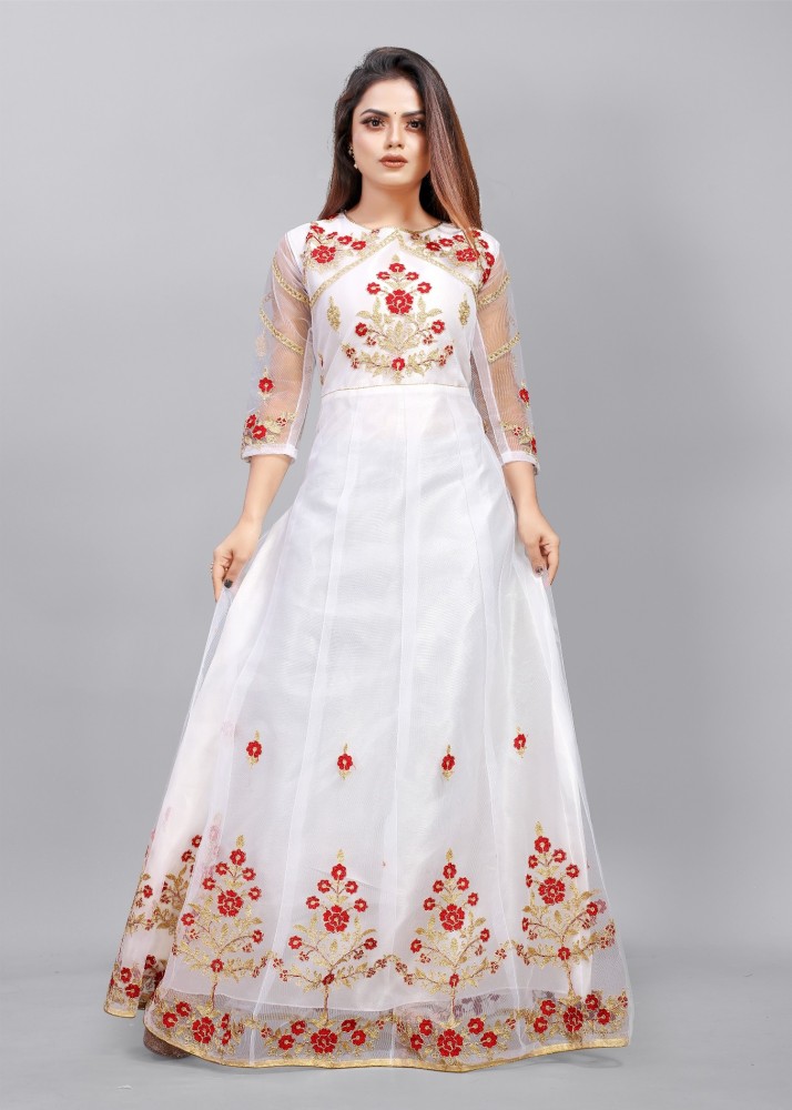 Buy Online White Party Cotton Designer Gown  166072 