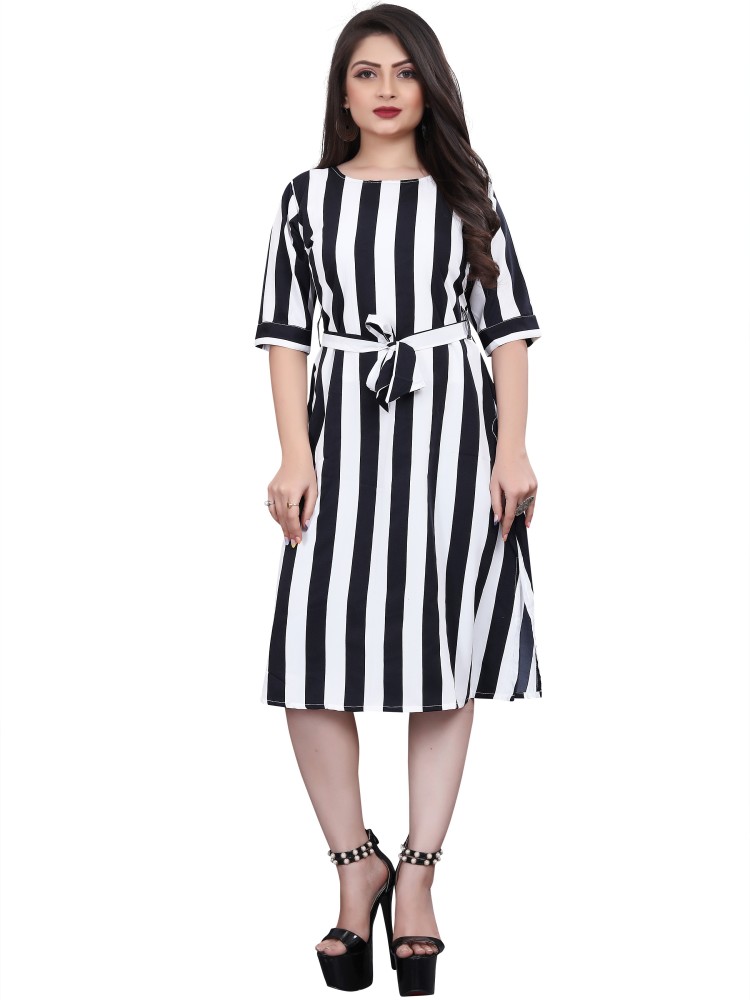Black  White Striped Fit and Flare Dress