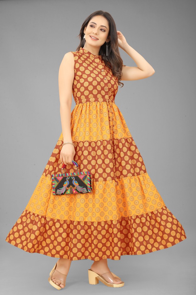 Printed Banarasi Silk Long Frock Dress Anarkali Half Sleeves
