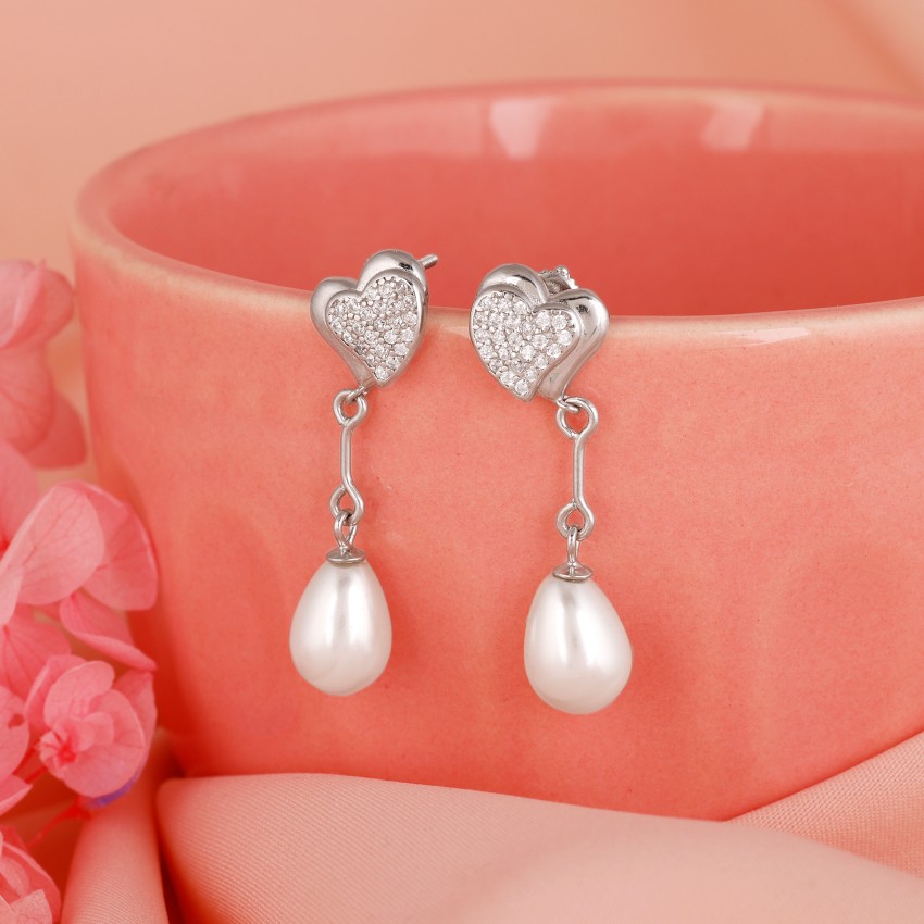 Minar Temperament Shiny Rhinestones Love Heart Planet Earring for Women  Lady Faux Pearls Saturn Hanging Dangle Earrings Jewelry