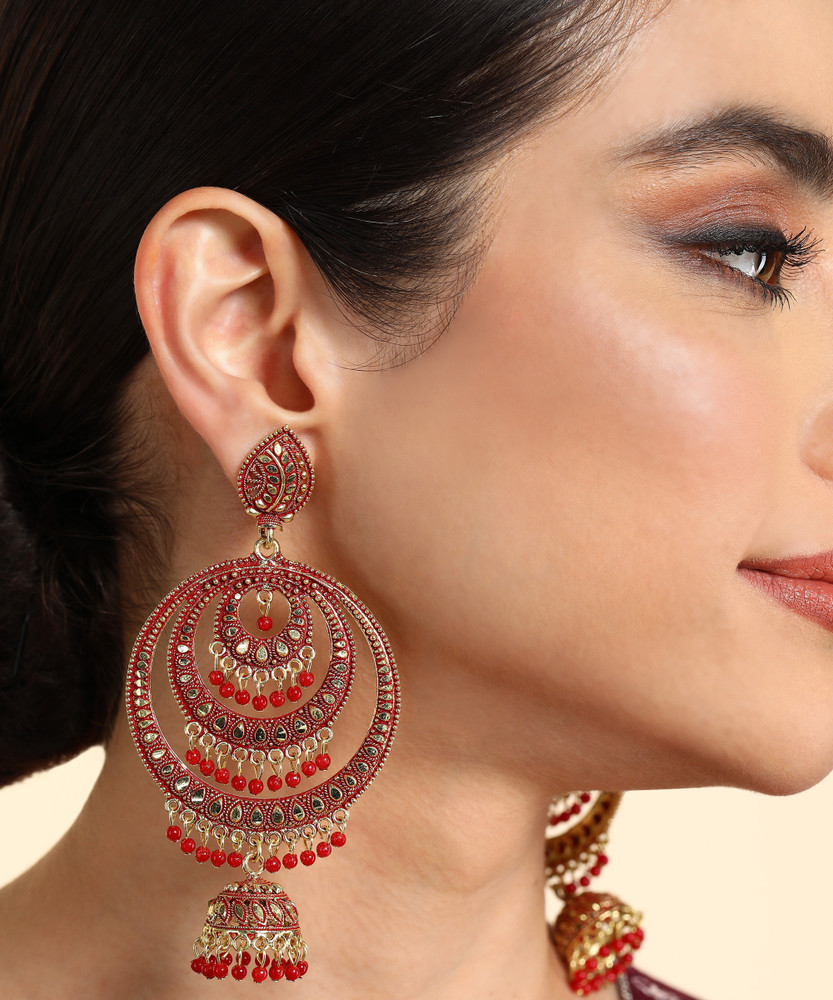 Indian Traditional Antique Golden-Plated Minakari Jhumka Earrings with red  Color | Priviu