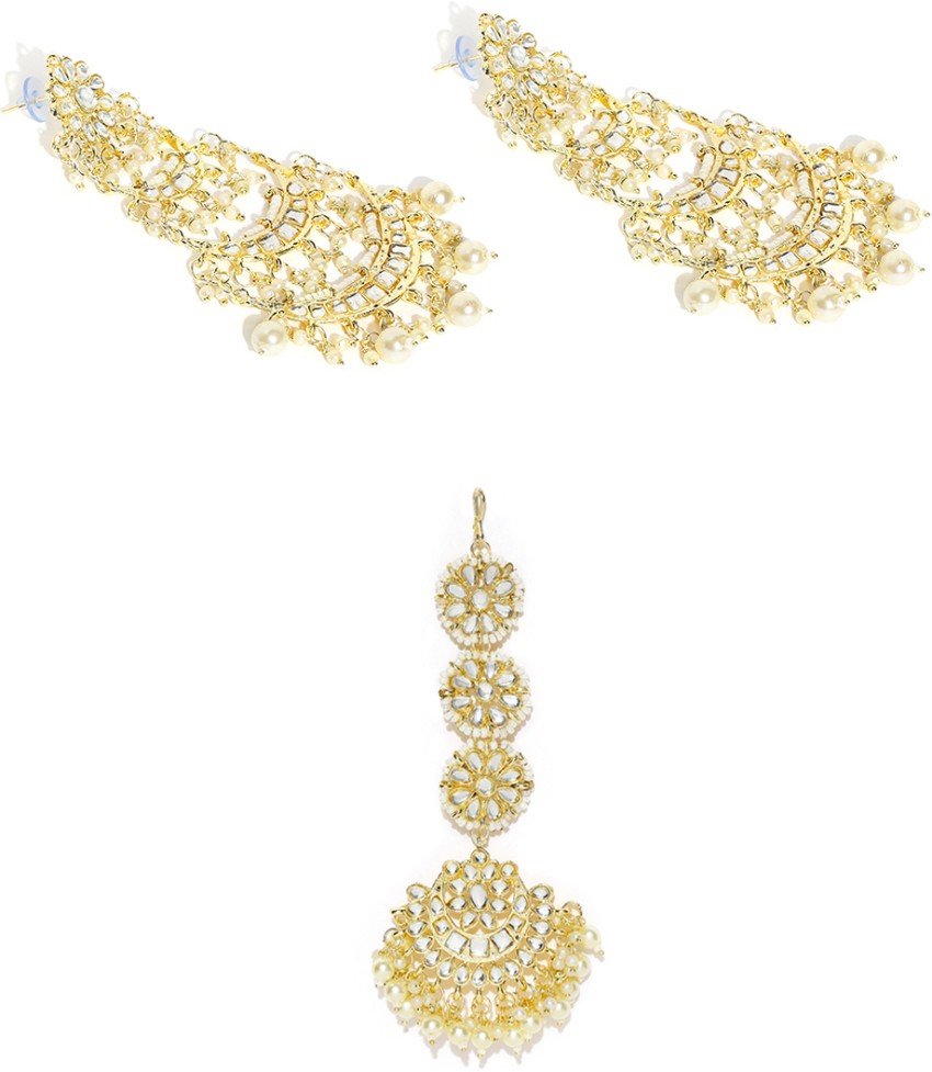 Traditional Matte Finish Kundan  Faux Pearl Chandbali Earrings with Maang  Tikka Set  I Jewels  3605924
