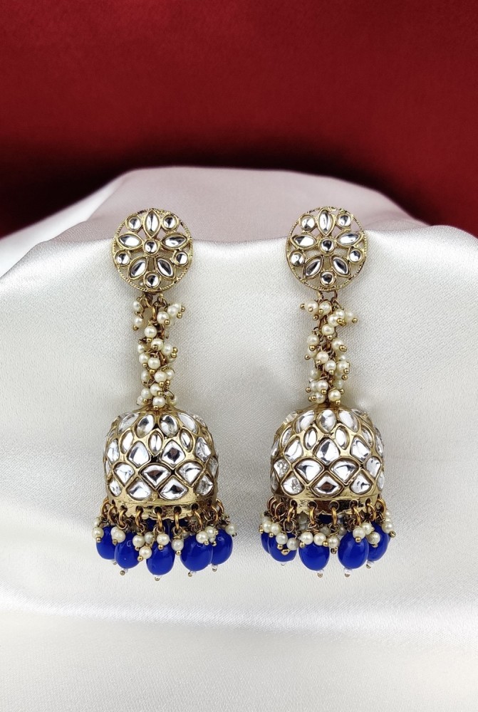 Buy Women Gold Finish Kundan And Blue Bead Chandbali Earrings  Jewellery   Indya