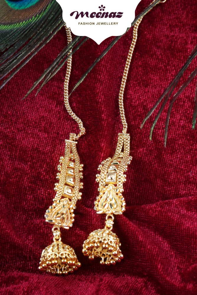 Gold Plated Stone Studded Jhumka Style Earrings with Ear Chain  JCU886