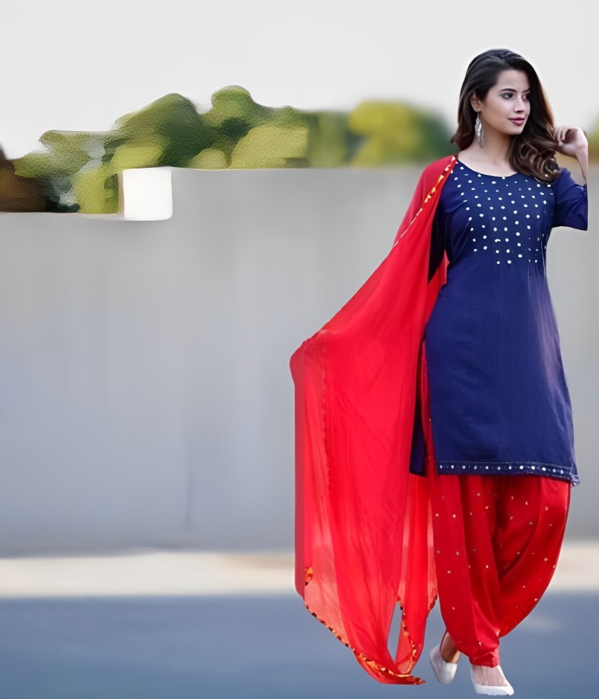Dark blue kurti, red sharara and stole with beautiful handwork and prints -  Kurti Fashion
