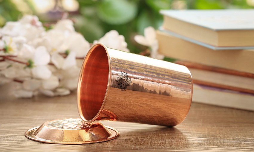 Pure Copper Glass with Lid, Plain Design Tumbler Cup for Water Storage, 300  ML