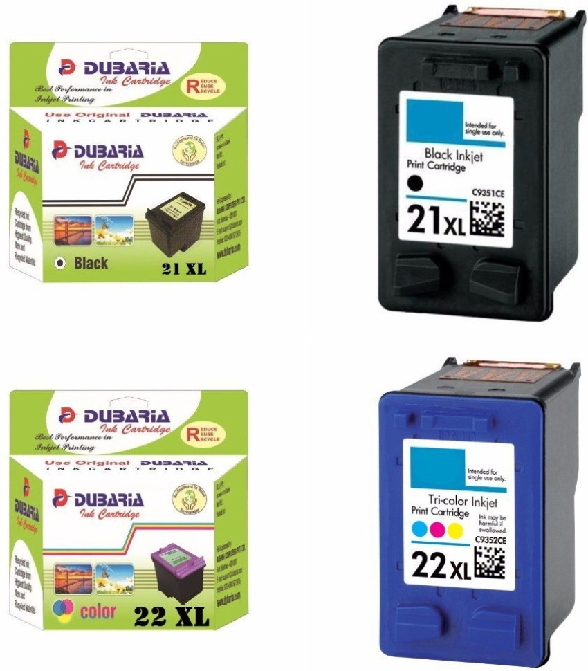 Dubaria 21 Black & 22 XL TriColor Ink Cartridge Compatible For HP 21 XL & 22 XL Cartridges For Use HP DeskJet 1402 / 1410 / 3920 / 3940 /