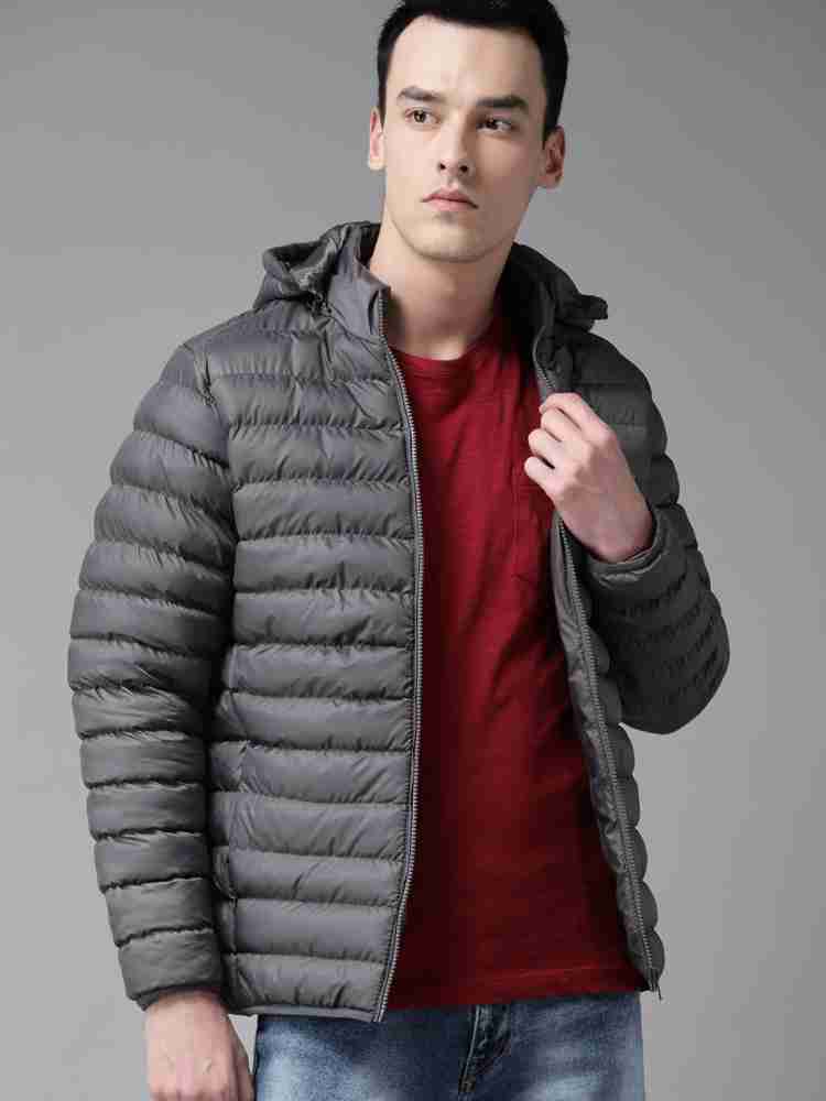 Buy Roadster Men Grey Solid Hooded Padded Jacket - Jackets for Men 7295091